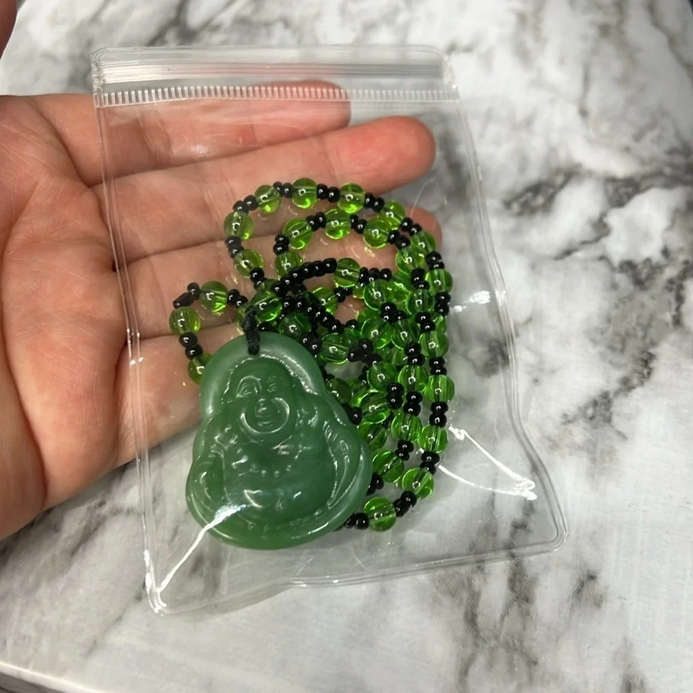 JADE Green Hand Carved Maitreya Buddah Pendant Necklace